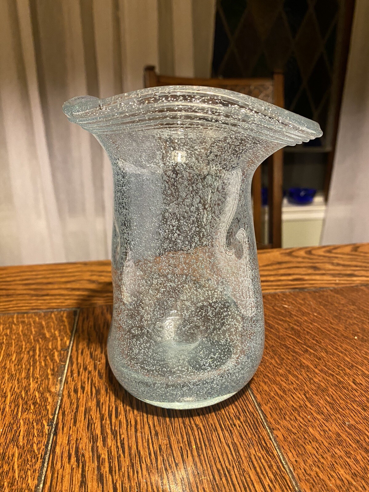 Hand Blown 6” Alexandrite Bubble Glass Vase Pinched Sides Flared Threaded Rim