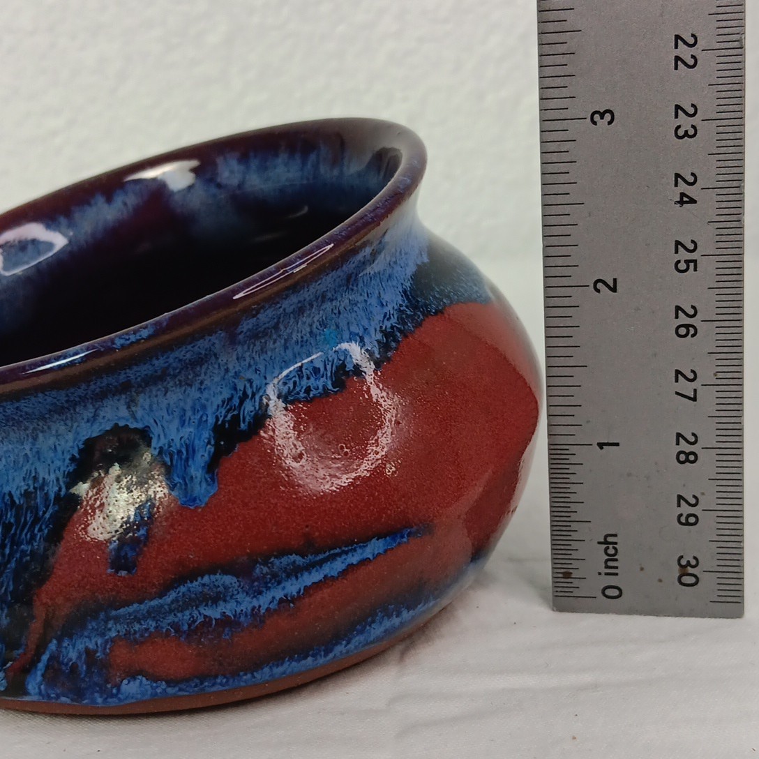 Art Pottery Studio Handcrafted Bowl Red Clay Blue Brown Glaze Slanted Angled