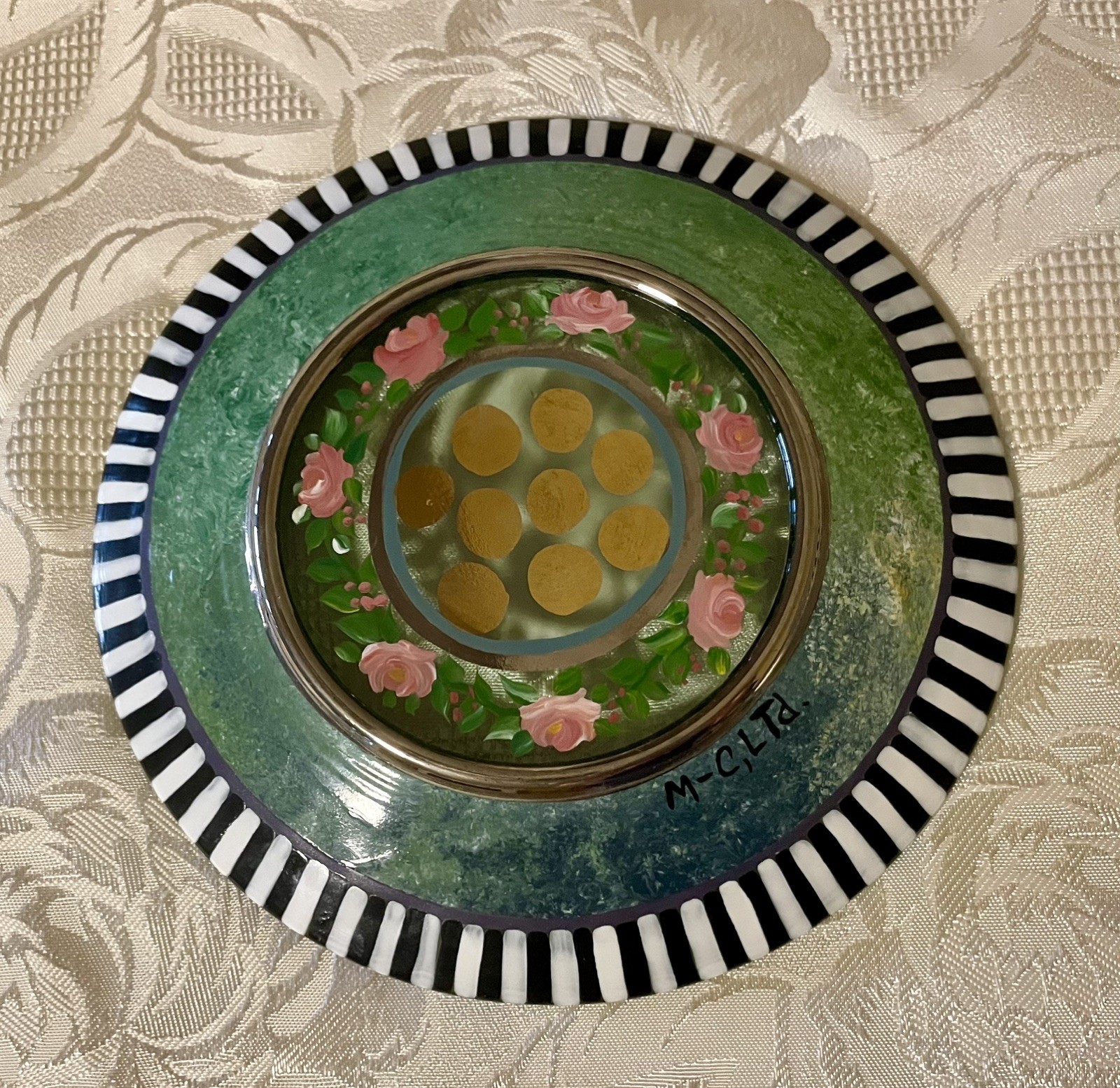 Rare Early MacKenzie-Childs Glass Dessert Plates Rose Garland & Full Bloom. Mint