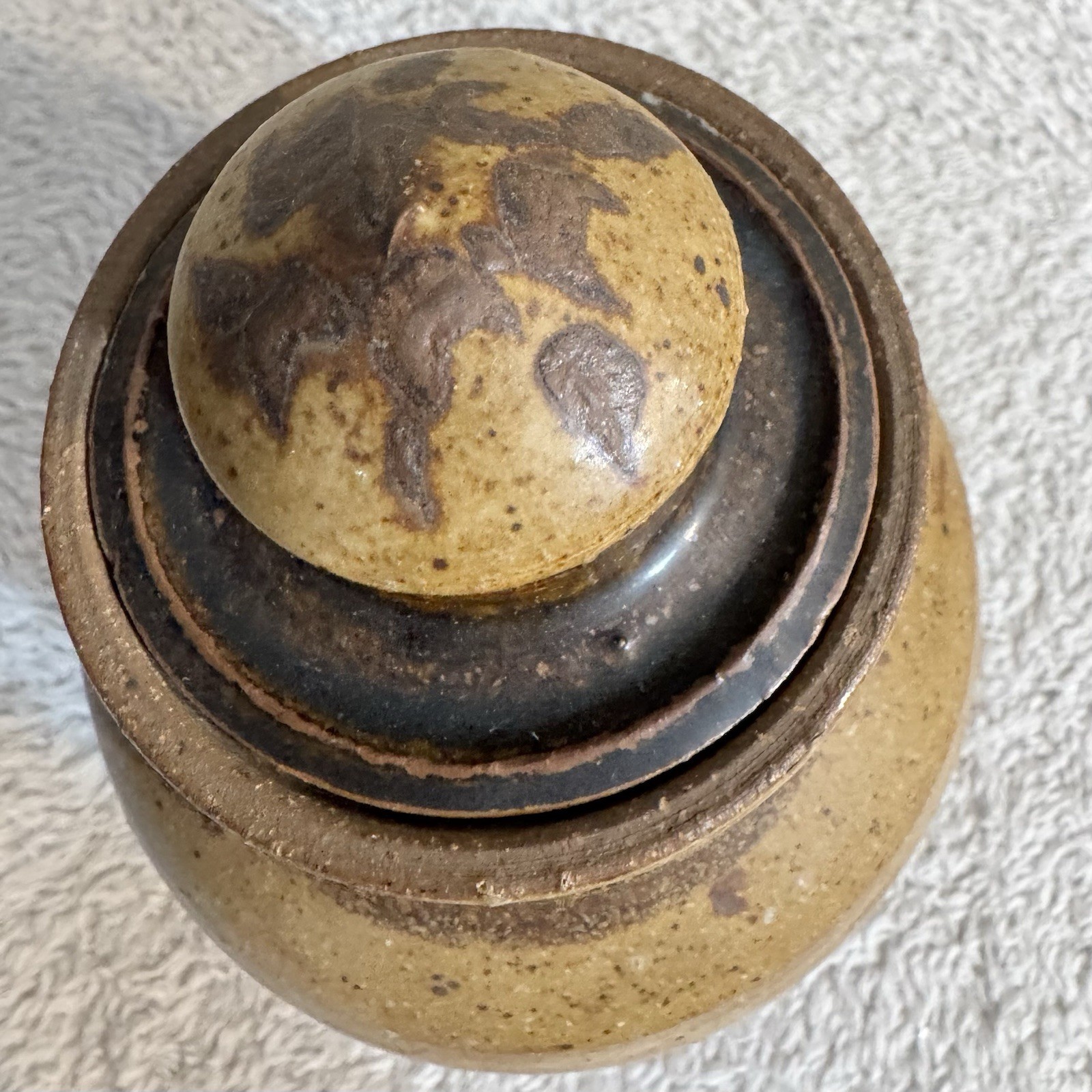 Vintage Studio Pottery Lidded Jar – Hand Thrown – Earth Tone Drip Glaze – Rustic