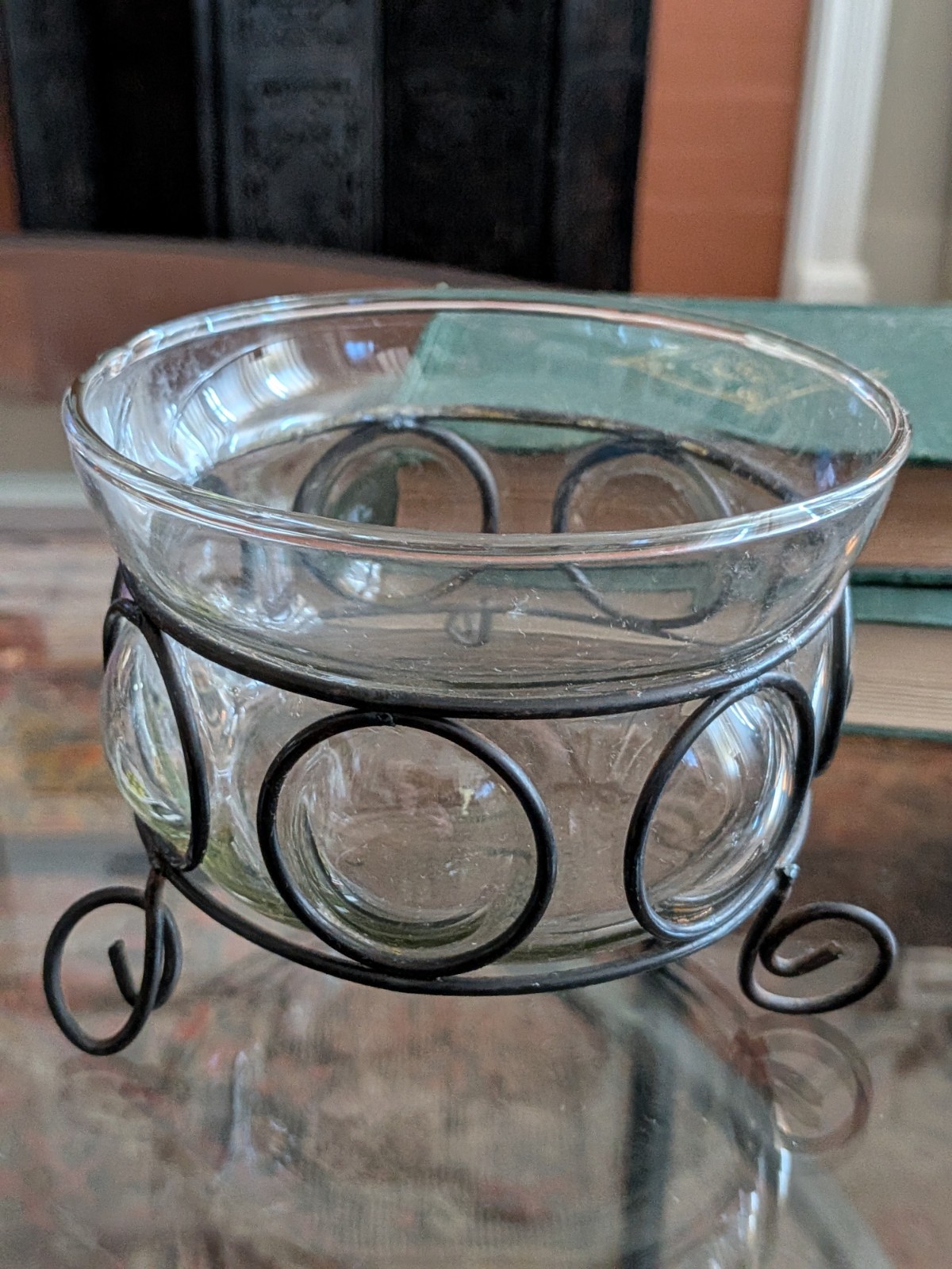 Vtg Blown Bubble Glass & Metal Caged Bowl Studio Welded Metal Frame 90s Art