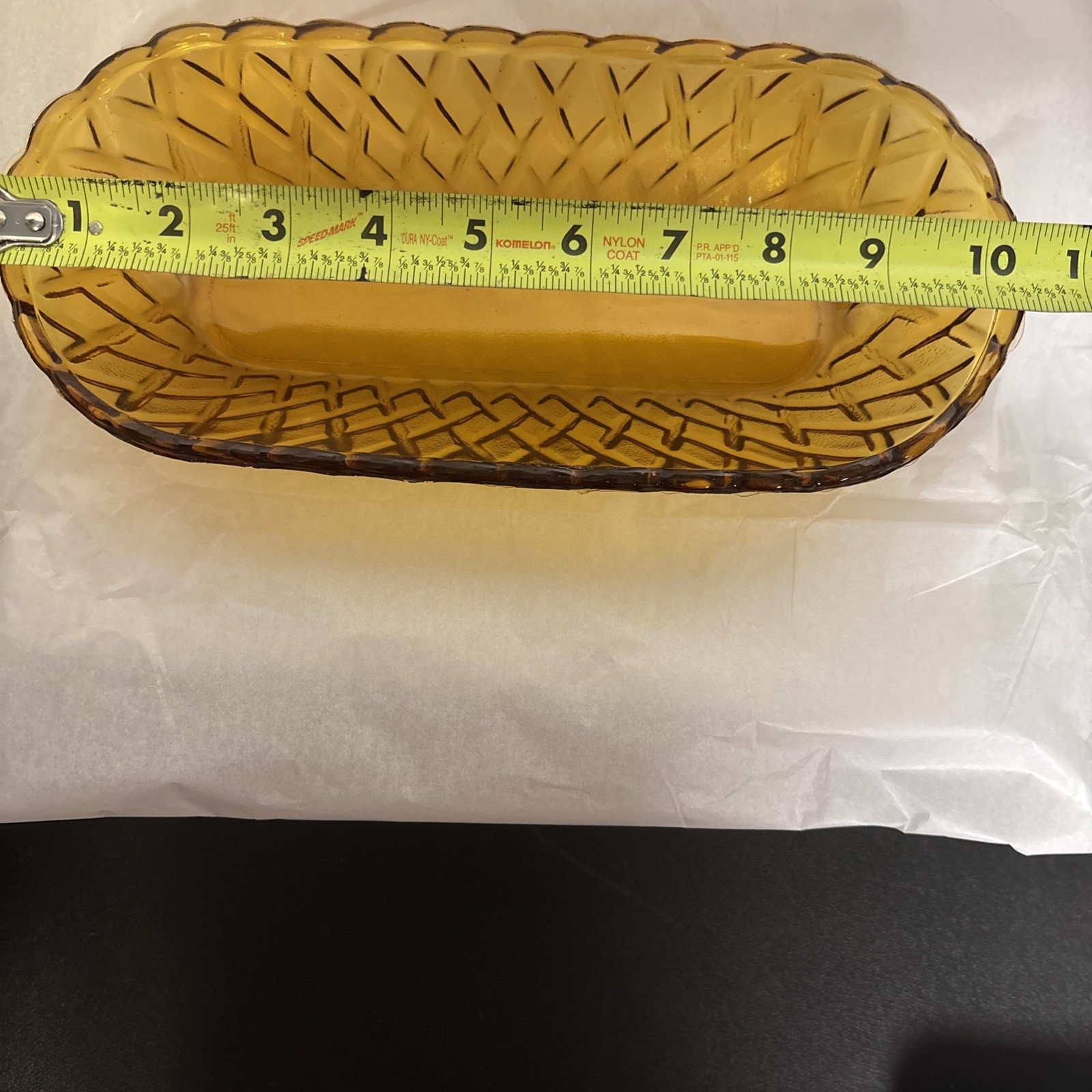Amber Indiana Glass Oblong Celery Dish w/ raised basket weave design