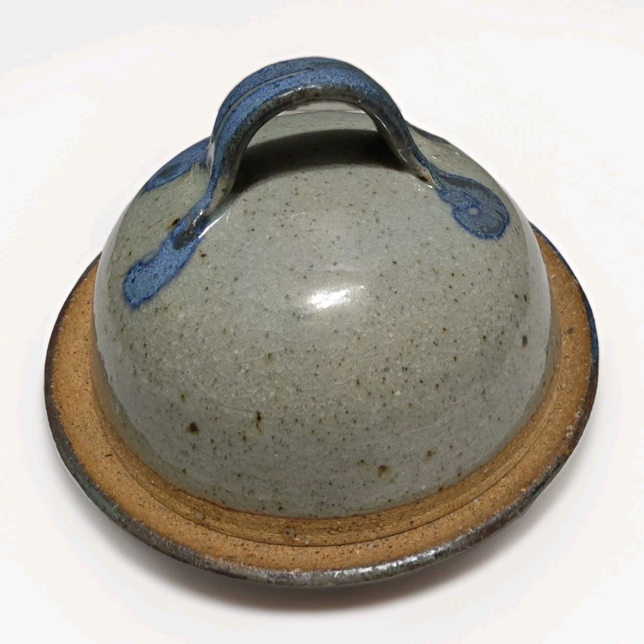 Artist Hand Thrown Pottery Lidded Butter Dish Round 6.5″ Artisan Gray Blue Tan