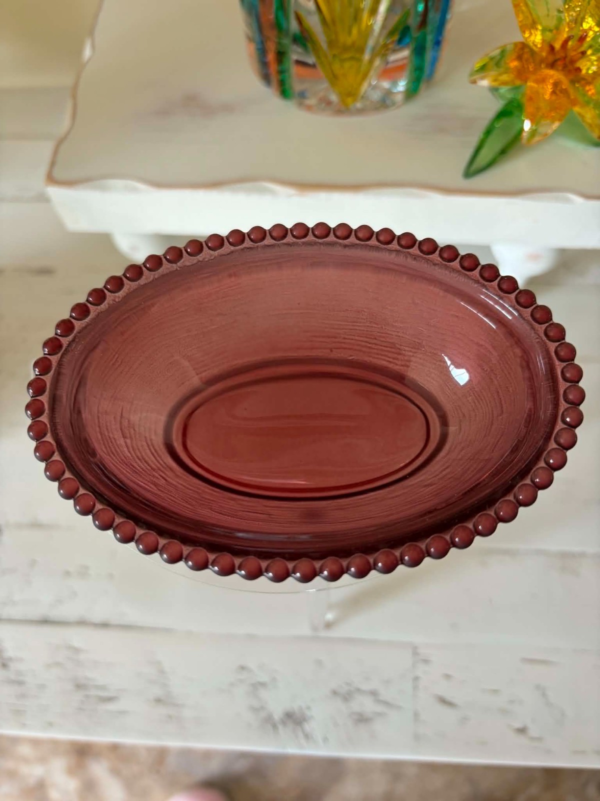 Burgandy Glass Hen on a Nest HON Covered Dish Satin Matte Pressed Glass Oval 5”