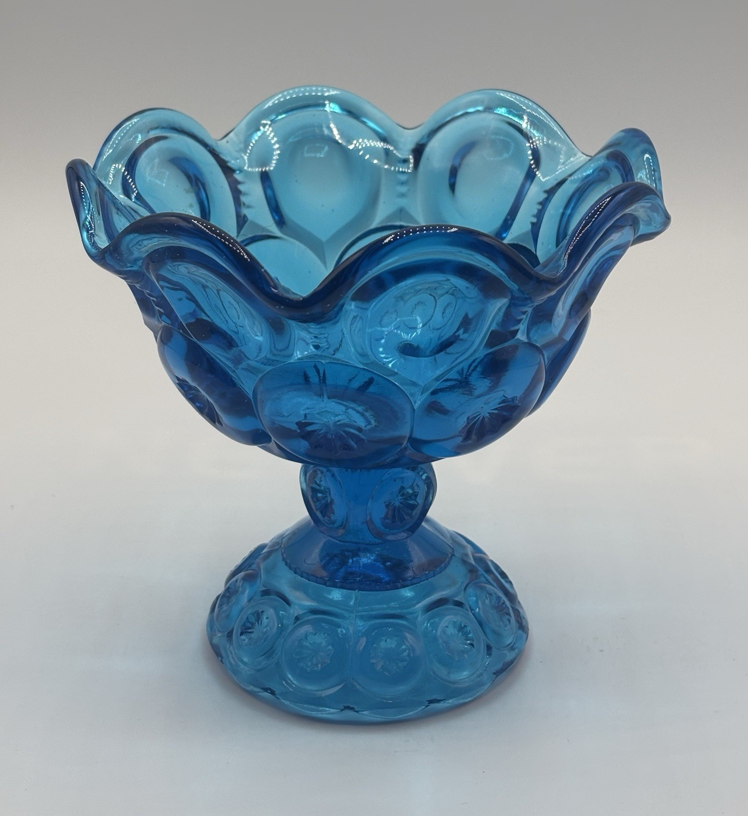 Vintage LE Smith Moon and Stars Compote Footed Bowl Dish Blue Glass Console