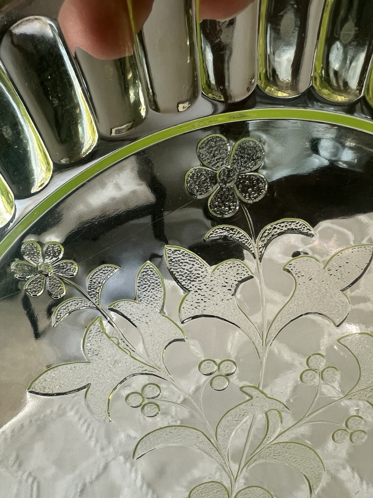 EPAG Adams & Co Vaseline Glass Oval Platter. Wildflower Pattern.