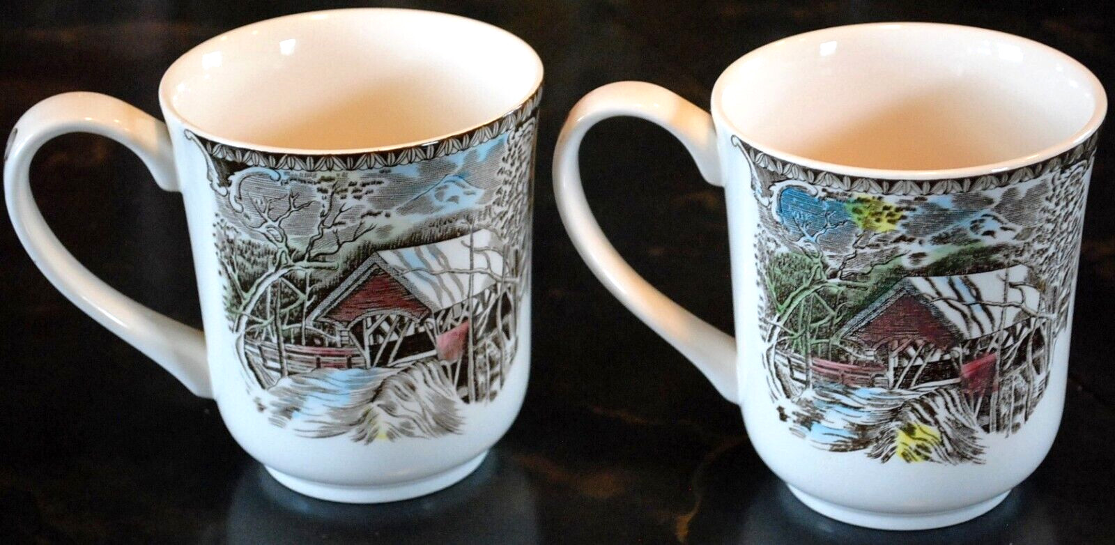Set 2 Vintage MUGS Johnson Bros FRIENDLY VILLAGE ‘COVERED BRIDGE’ Transferware