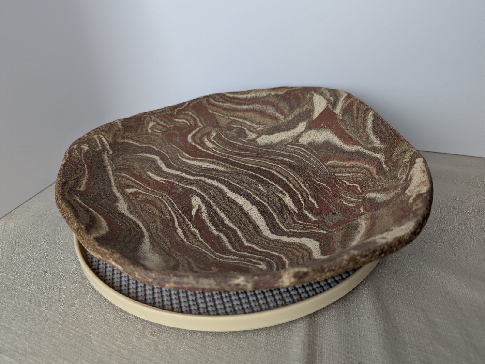 Jane Parshall Studio Art Pottery Platter – Marbled Inlaid Clay – W/ 1988 Receipt