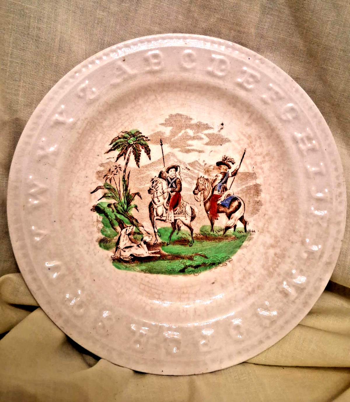 RARE~Antique 1800s Charles Allerton And Sons Child’s ABCs Plate~2 Men on Horses