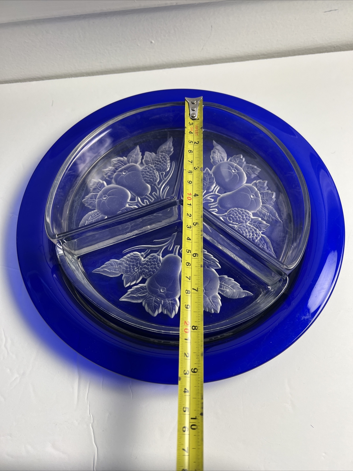 VTG Imperial Glass Intaglio Fruit 3 Part Relish Appetizer Dish Blue Under plate
