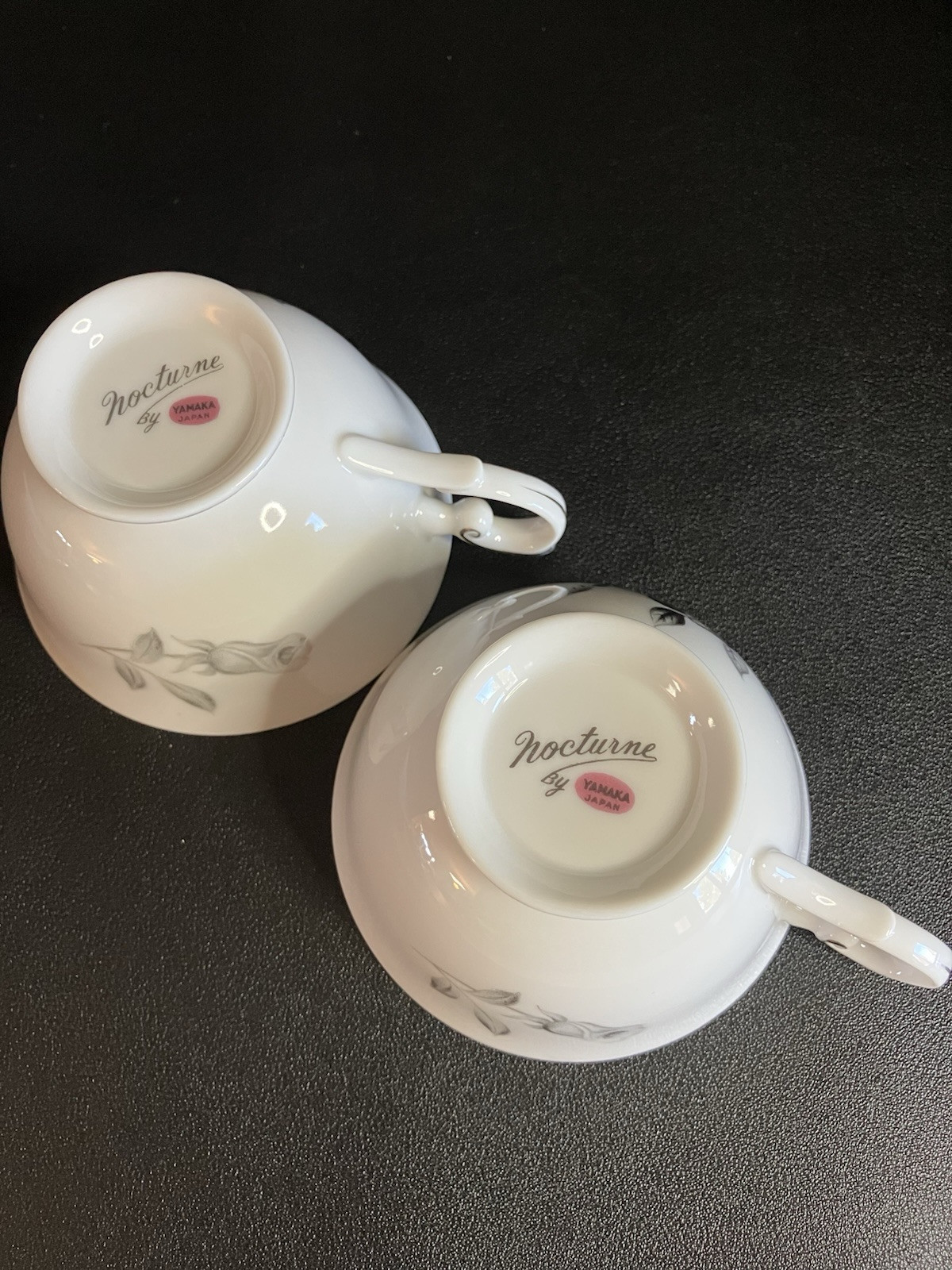 Yamaka Fine China, Nocturne Gray Rose, 2 sets of Cups & Saucers, Platinum Rim