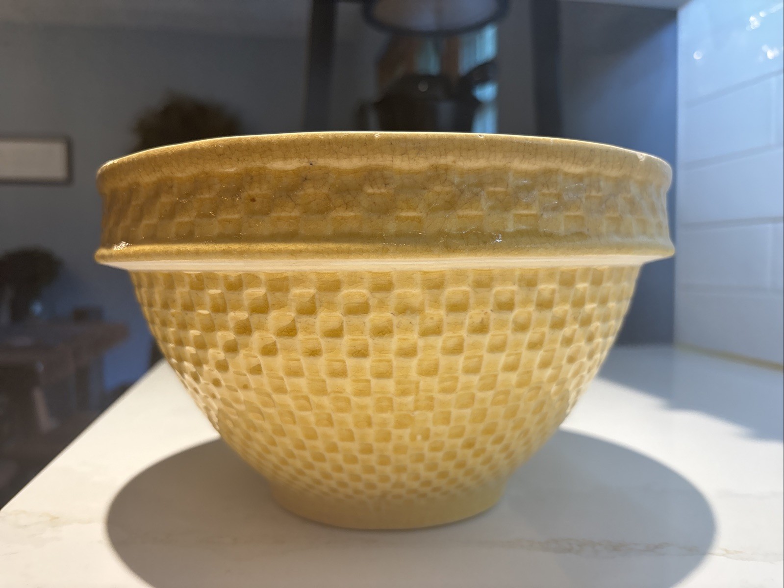 Antique Rare McCoy Yellow Ware Pottery 10.25 Inch Checkerboard Large Mixing Bowl