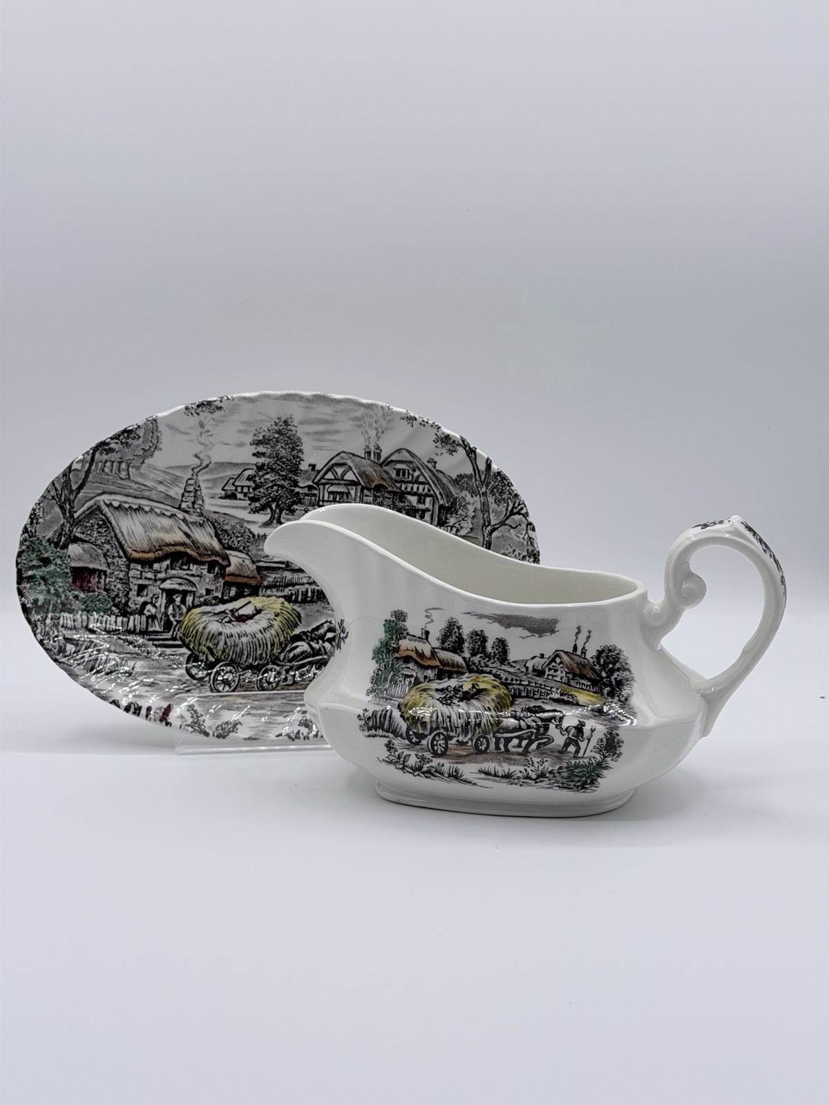 Staffordshire Ironstone Yorkshire Multicolor Gravy Boat with Underplate England
