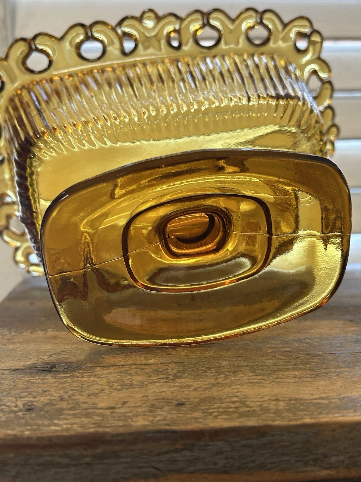 Indiana Glass Company “Lace Edge” Amber candy dish