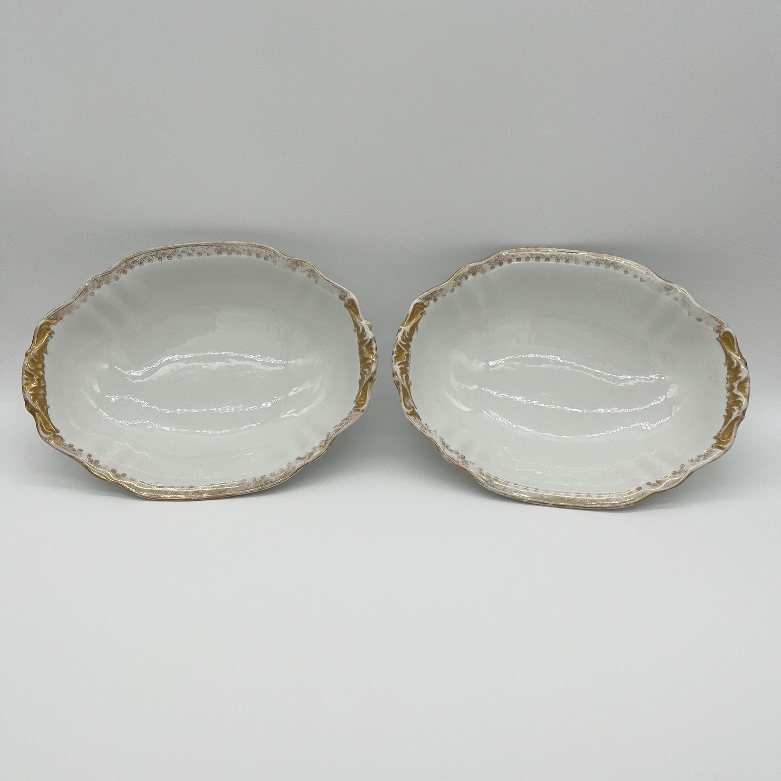 TWO Gorgeous White with Gold Trim T&V France Oval Serving Bowls 10” x 7.75”