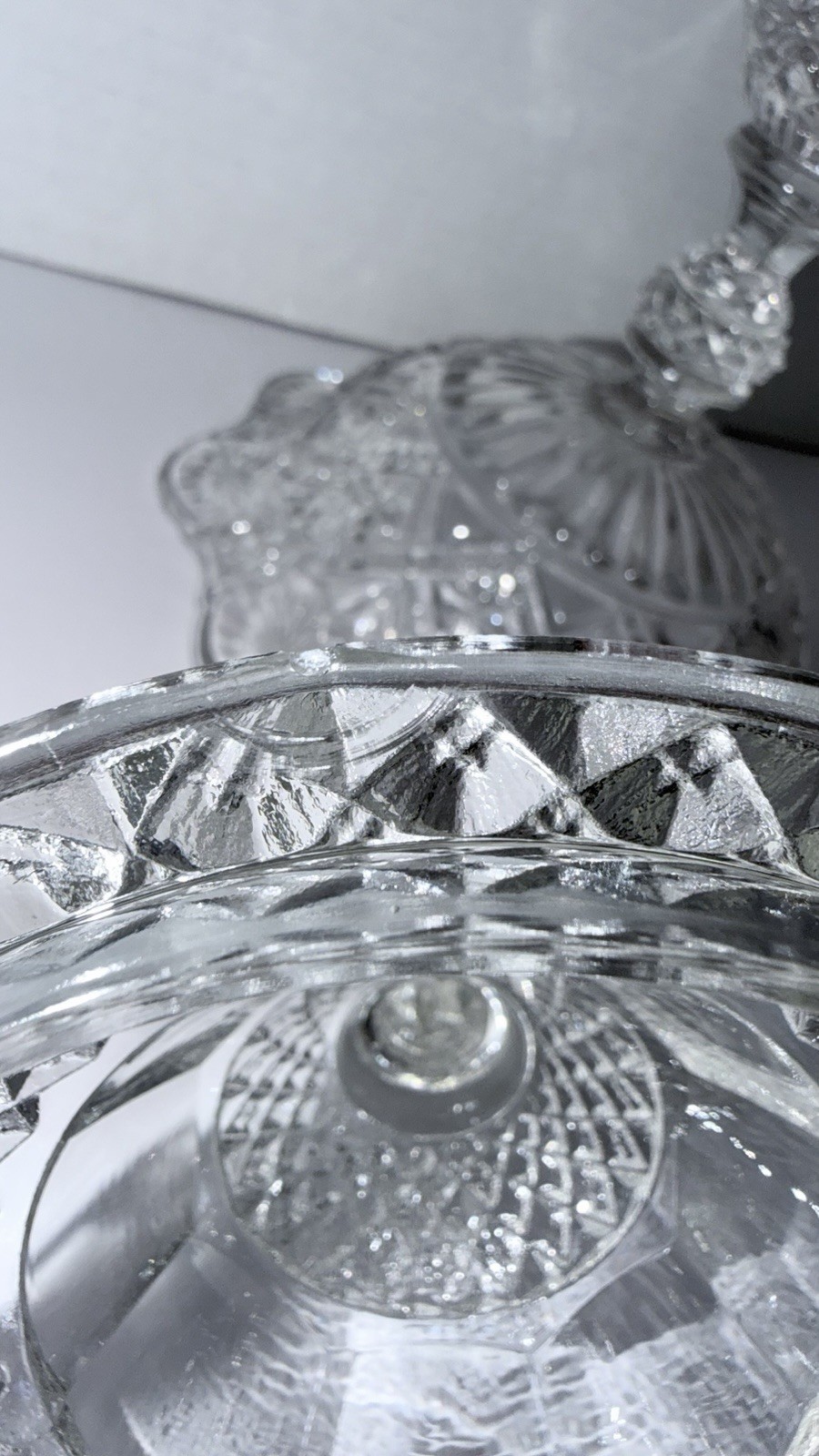 EAPG Clear Pressed Glass Covered Compote Diamond Fan Pineapple Finial UV365 Glow