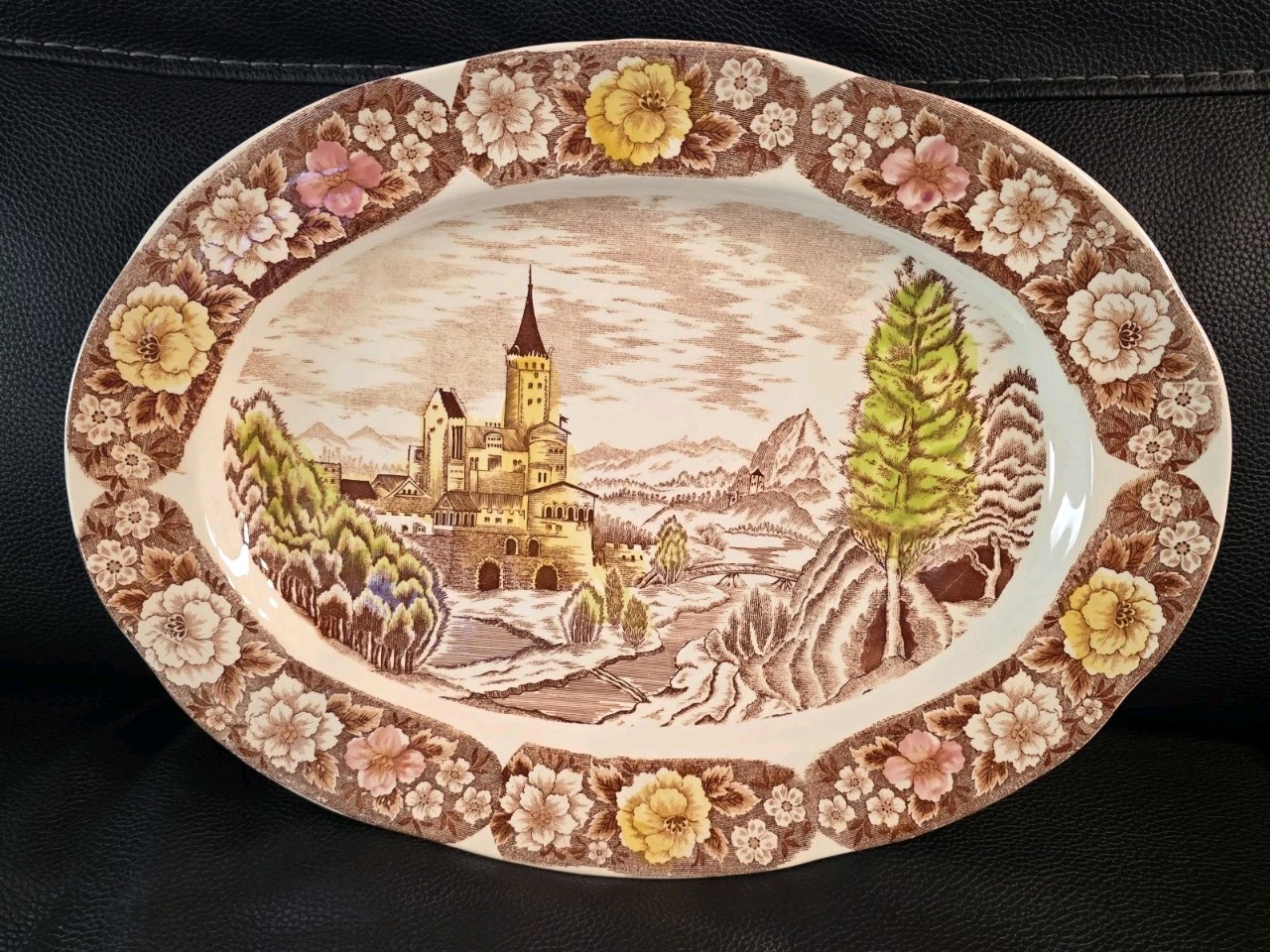 European British Castle Ceramic Platter Oval Floral Border Hillside Landscape