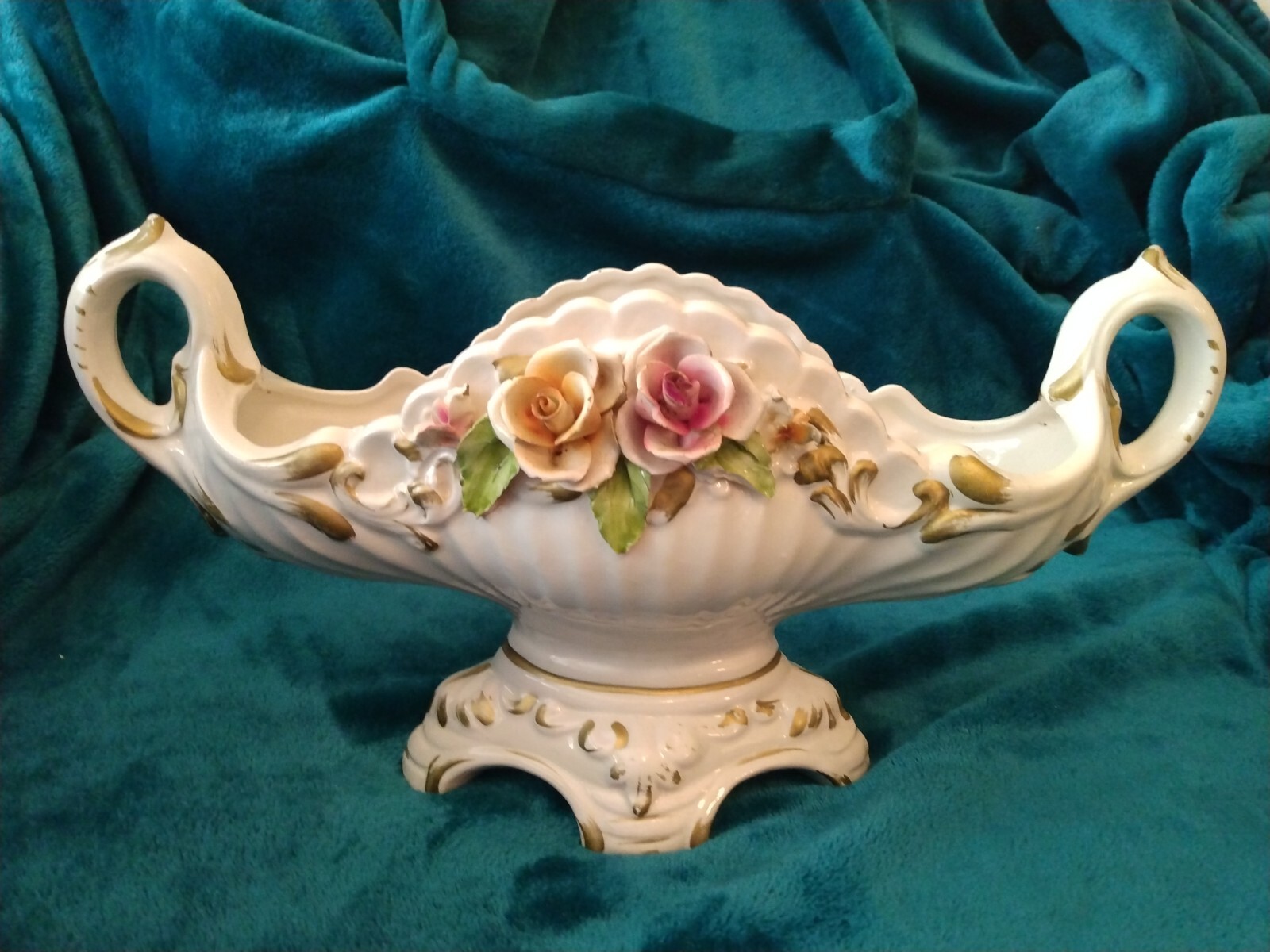 Capodimonte Oval, Footed-Pedestal Centerpiece Bowl. Commachio, Italy, N-Crown.