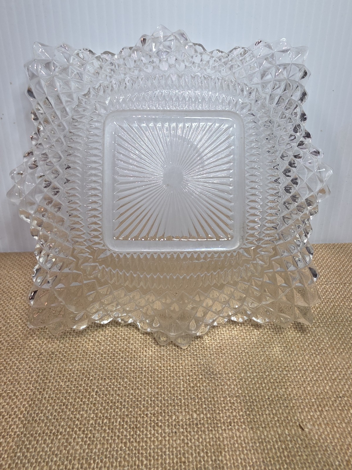 Vintage Clear Indiana Glass Co Square Ruffled Diamond Point Candy Nut Dish Bowl