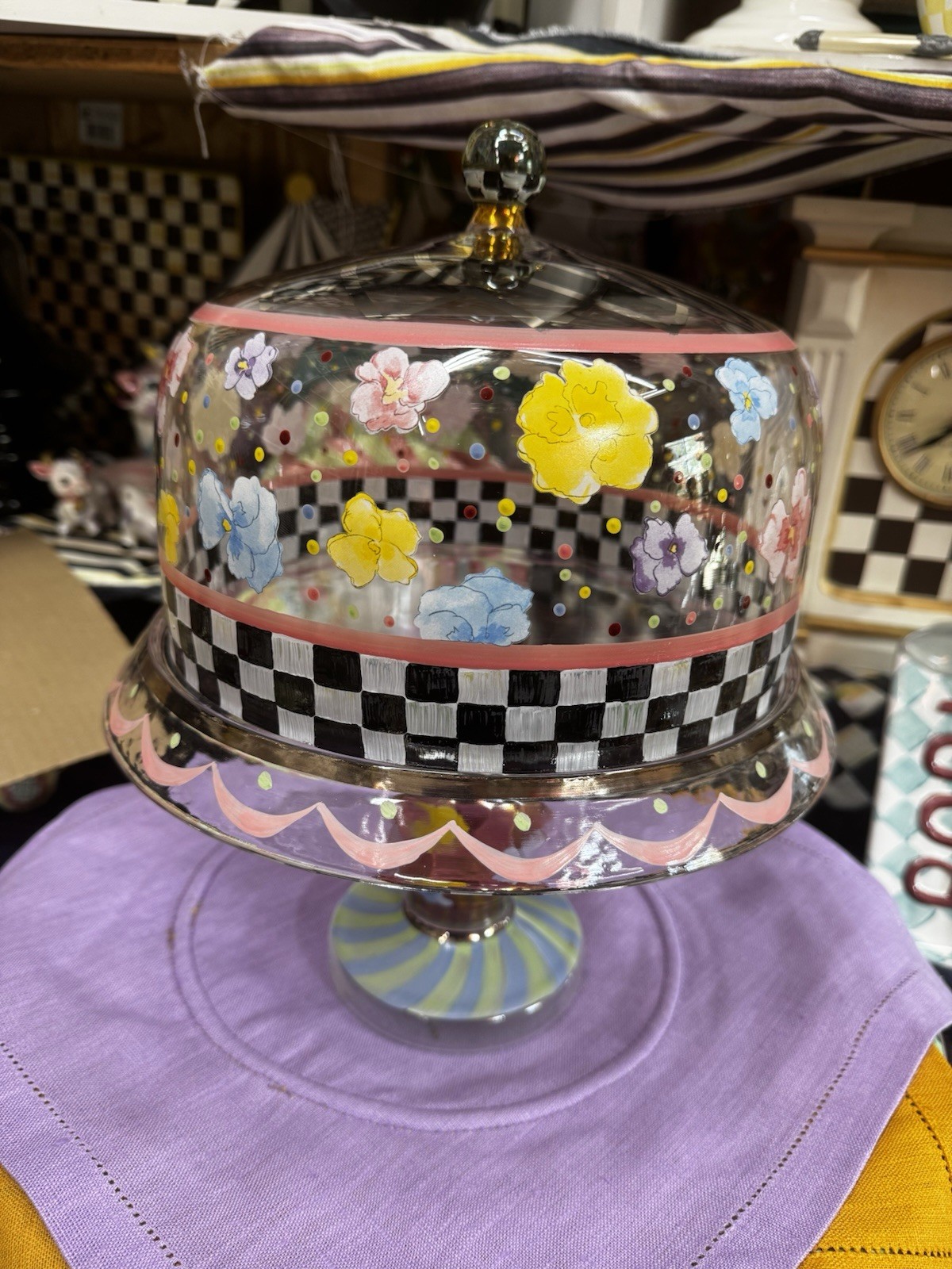 Mackenzie Childs Pansy Glass Pedestal Cake Stand and Dome HTF Excellent