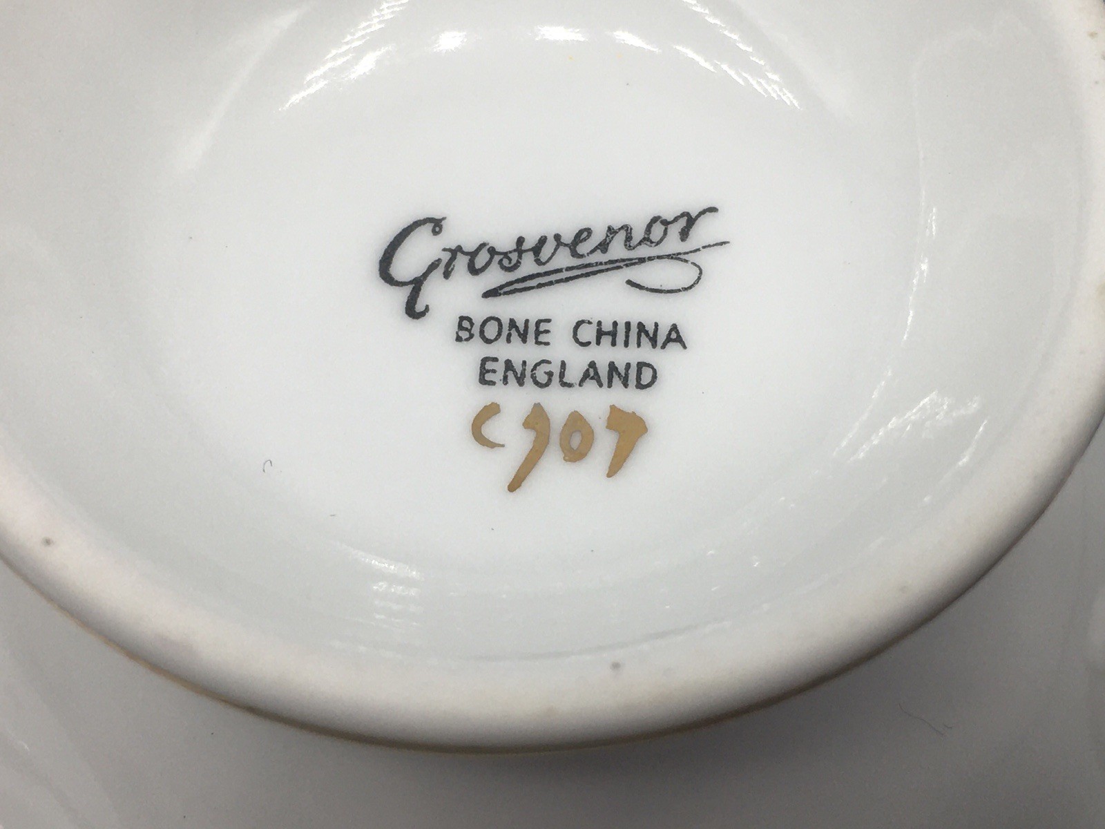 Grosvenor Teacup & Saucer Banded Pink & Gold Floral England Bone China Vintage