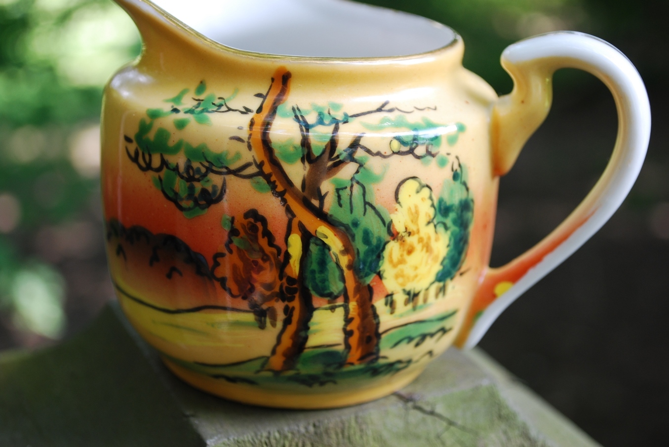 Vintage FANCY CREAMER 1920s Japan Hand Painted Porcelain LANDSCAPE Tree Scene