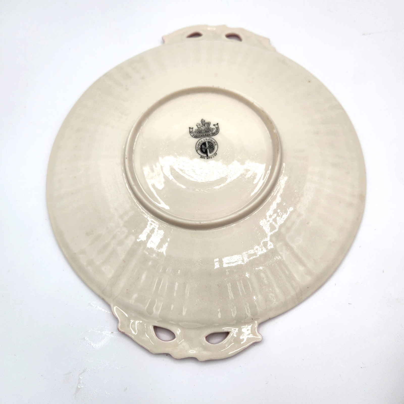 Rare Belleek Pink Limpet 10.75″ Handled Cake Platter Serving Plate3rd Black Mark