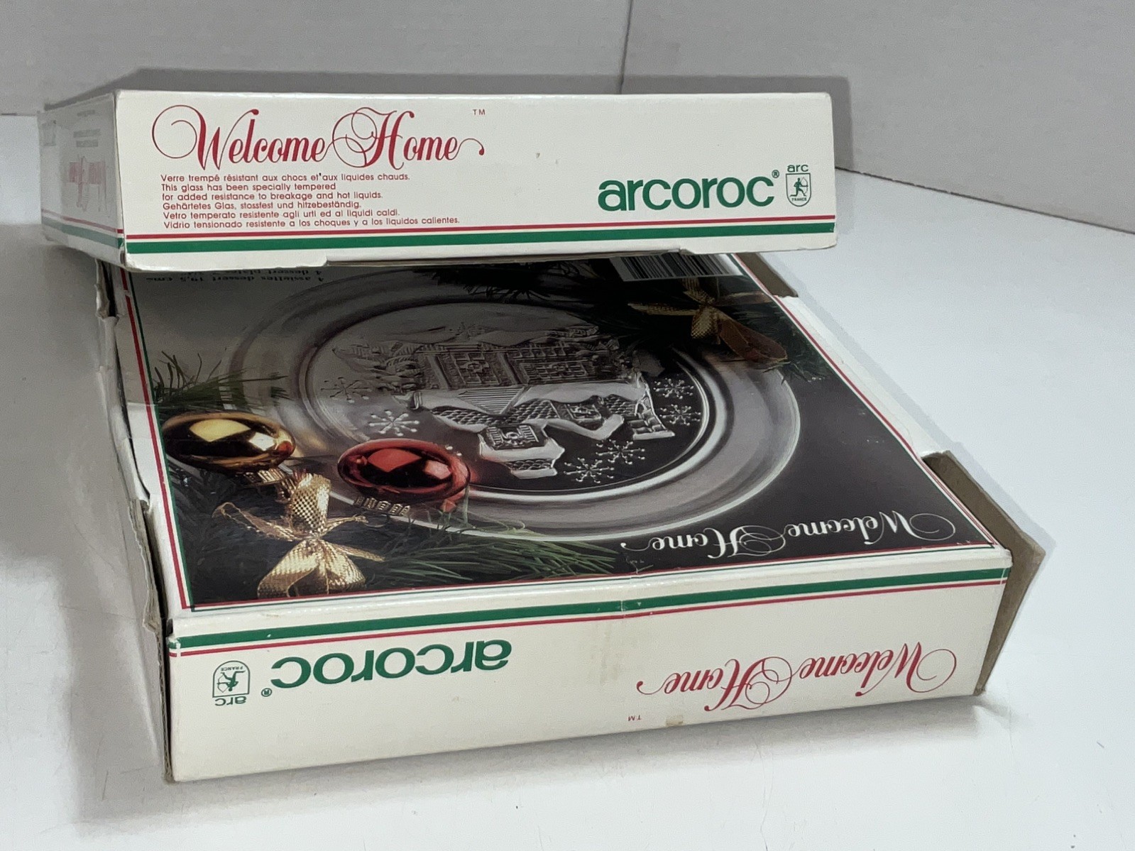 Arcoroc “Welcome Home” France Clear Glass 7 1/2″ Holiday Plates Set of 8 NICE!