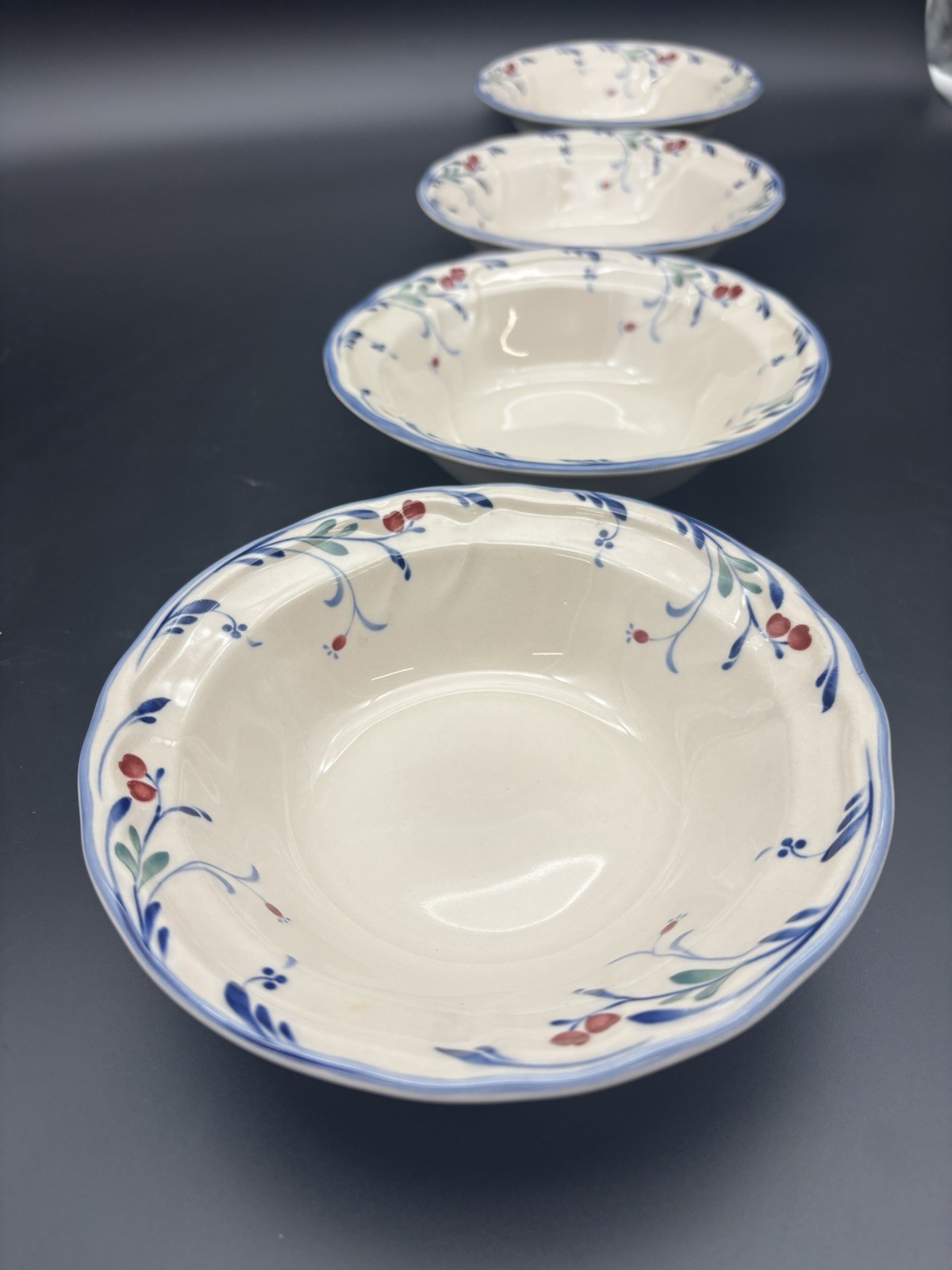 4 Epoch Berry Grove Rimmed Soup Bowls VTG Red Berries Blue Scalloped Discontinue