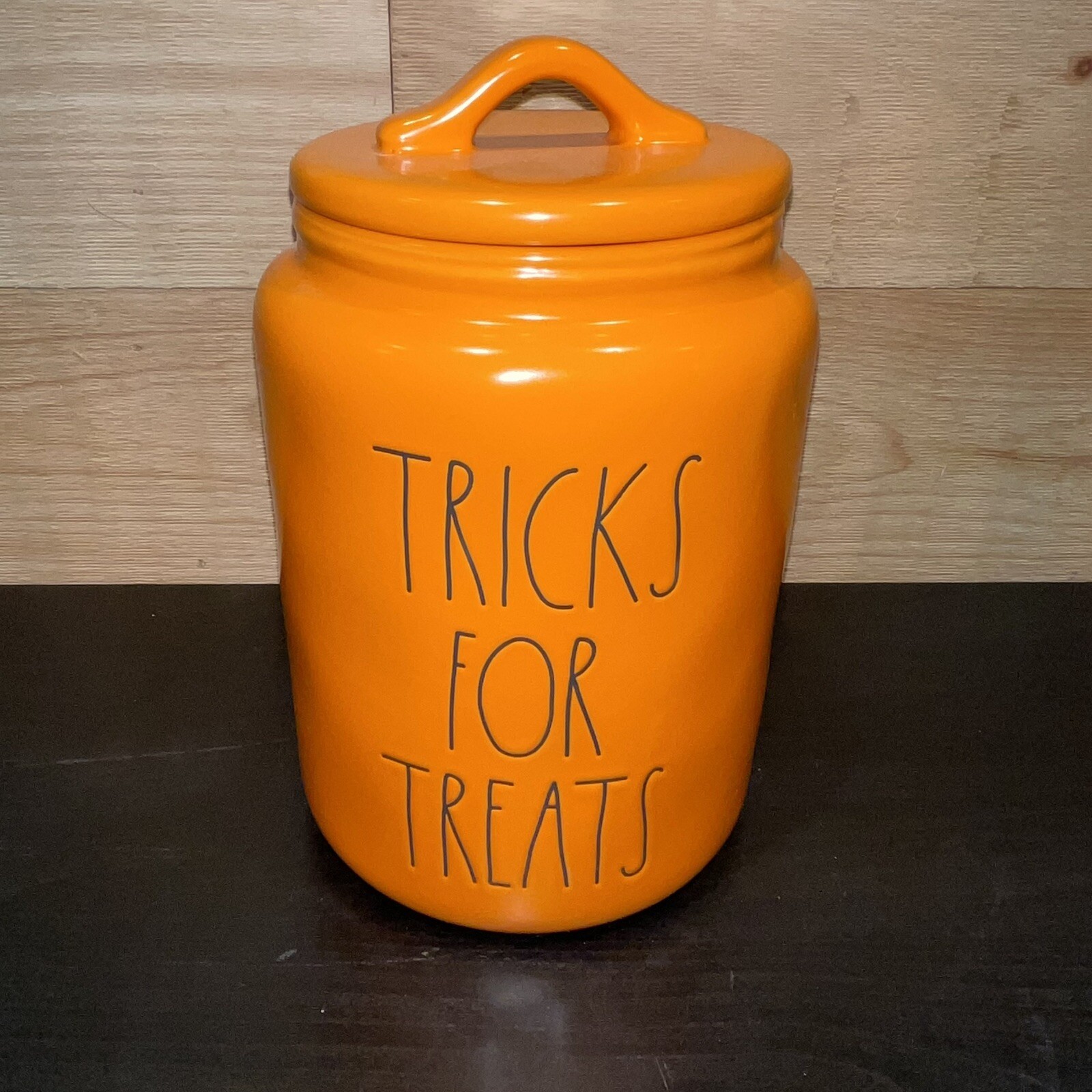 Rae Dunn Halloween TRICKS FOR TREAT 10″ Tall Orange Dog Treat Fall Canister NEW