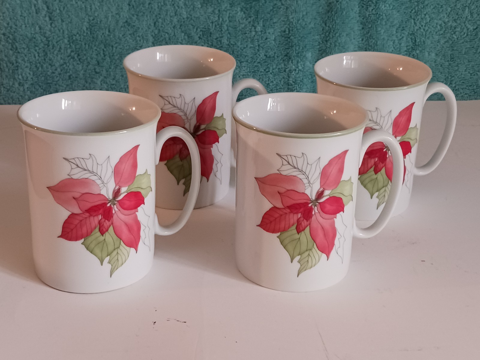Block Poinsettia Spal Set 4 Mugs 1982 Signed Flat Base C-Handle Totally Clean #1
