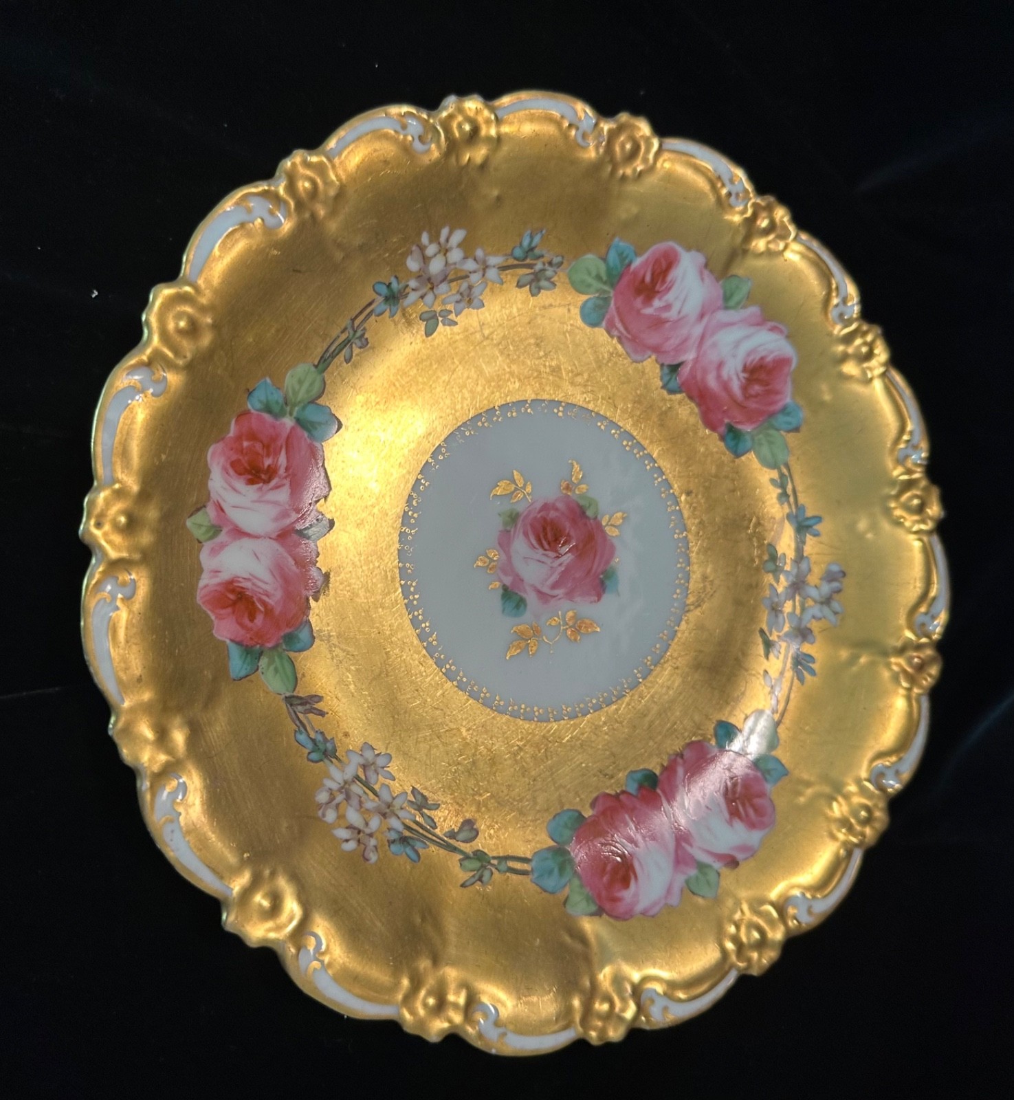 Antique Limoges Coronet Heavy Gold Cabbage Roses Trio Cup Saucer Plate handpaint