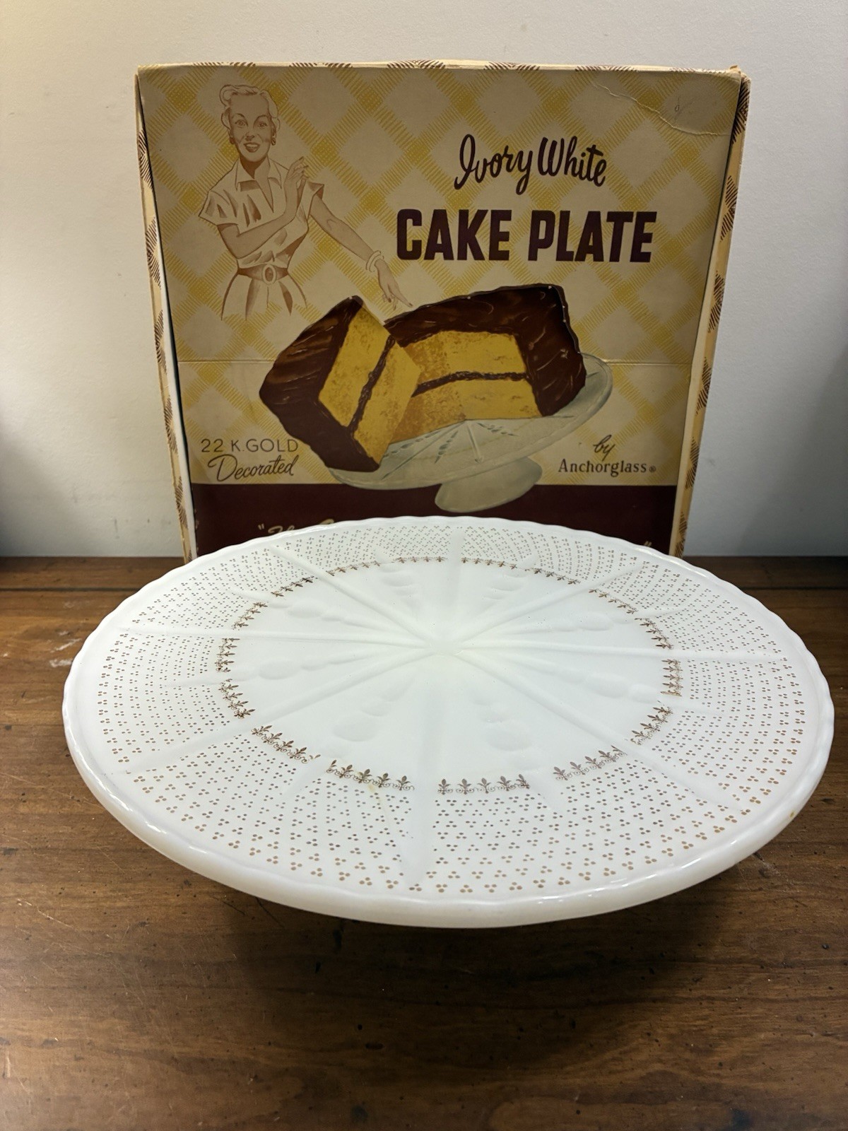 Vintage Anchor Hocking Ivory White Glass Pedestal Cake Plate Stand W Gold Accent