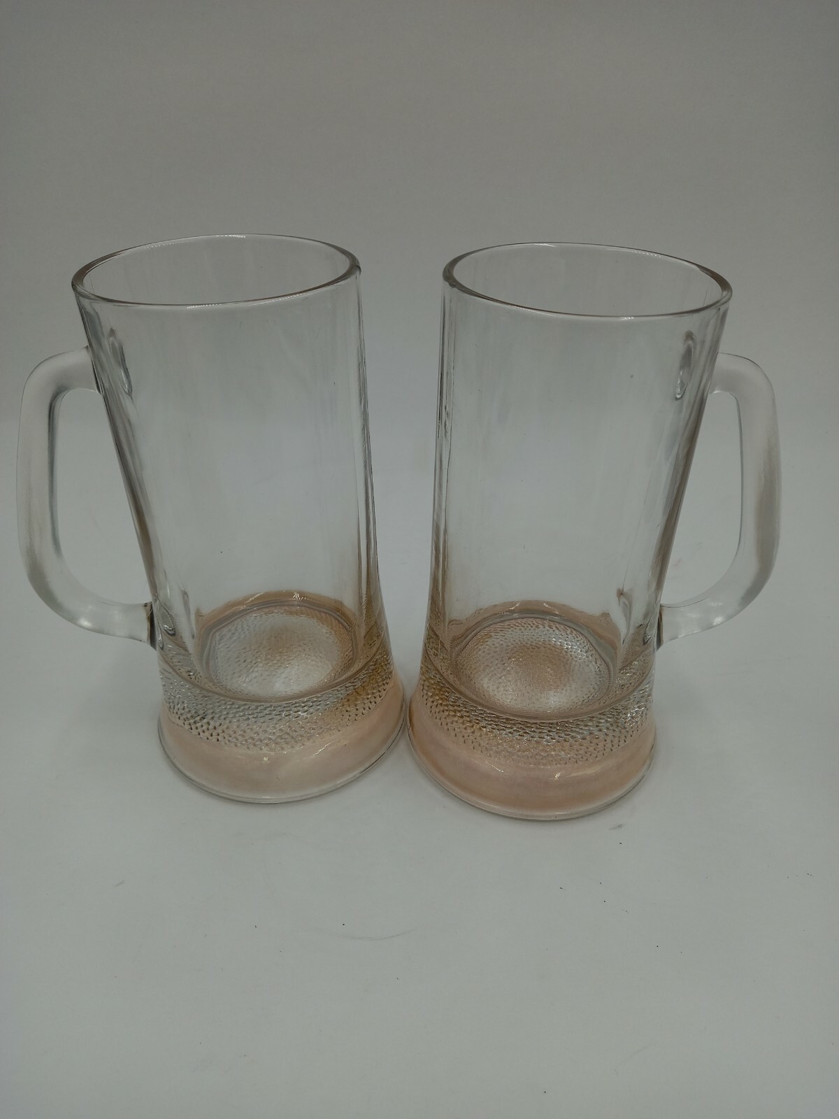 2 Glass Beer Mug Steins With Heavy Textured Bottom 6.25 in tall