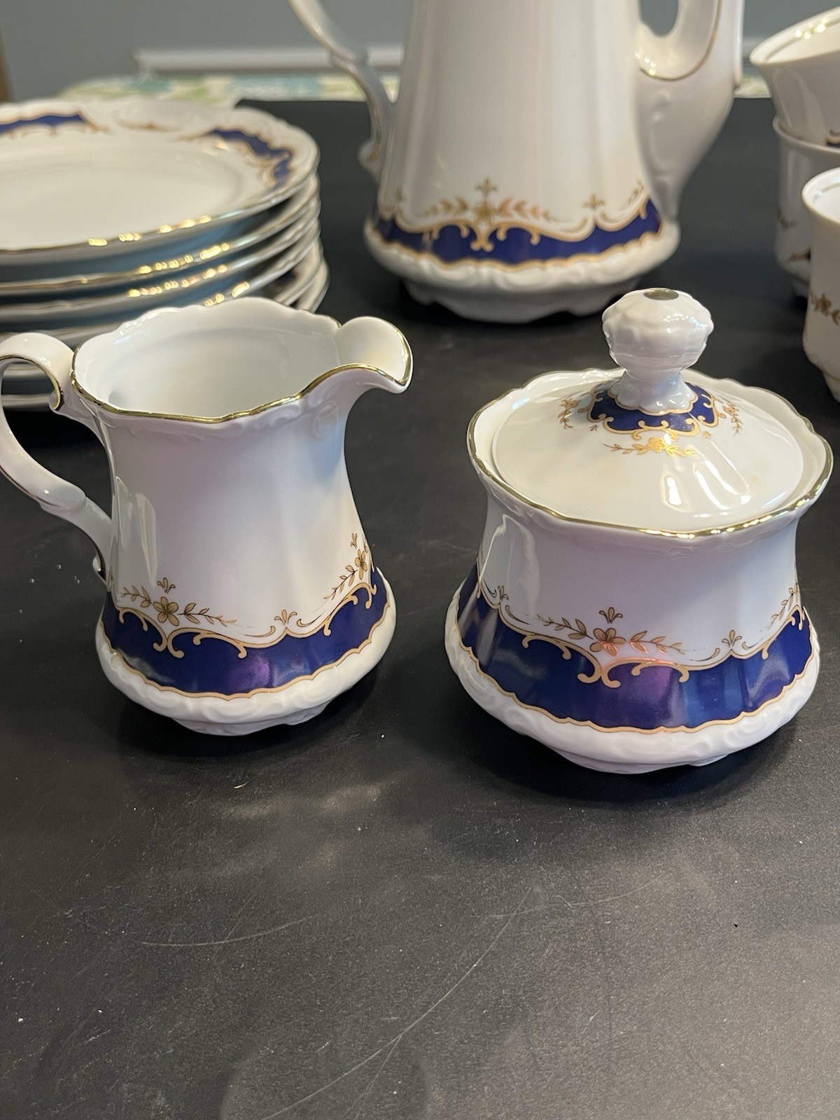 21pc Mitterteich Bavaria Cobalt Blue Gold Trim Coffee Tea Pot Desert Serving Set