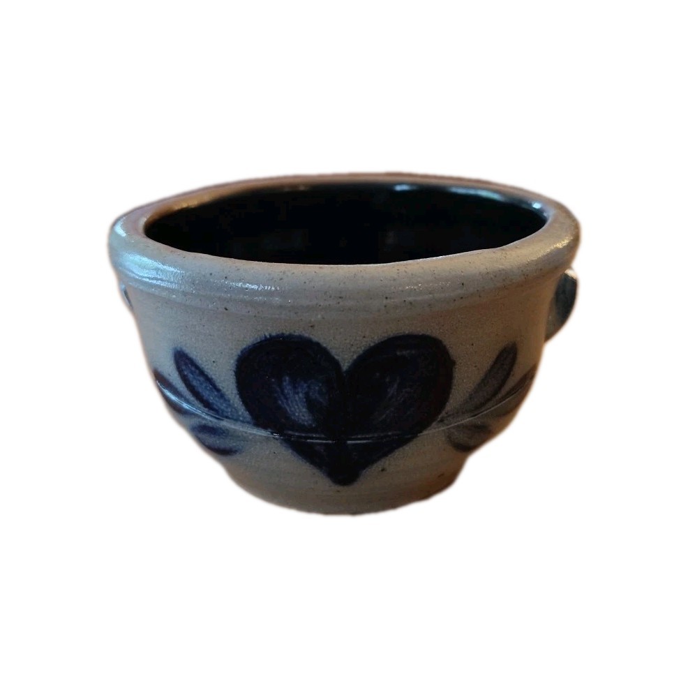 Rowe Pottery Works 1988 Handled Bowl, Blue Heart Salt Glazed 5″ Rim X 2.75 H