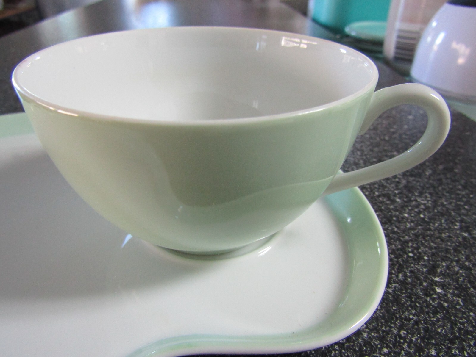 Noritake Green & White Porcelain Asymmetrical Shape Snack Plate & Cup Set