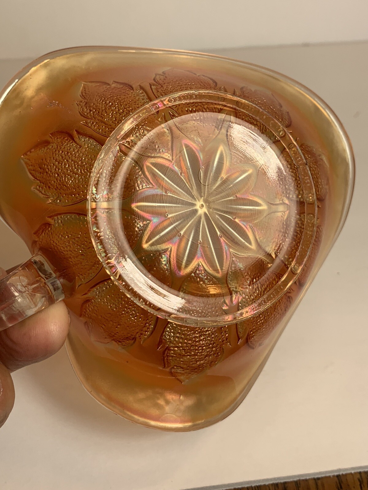 Vintage Dugan Carnival Glass Marigold Leaf Rays Triangular Iridescent Nappy Bowl