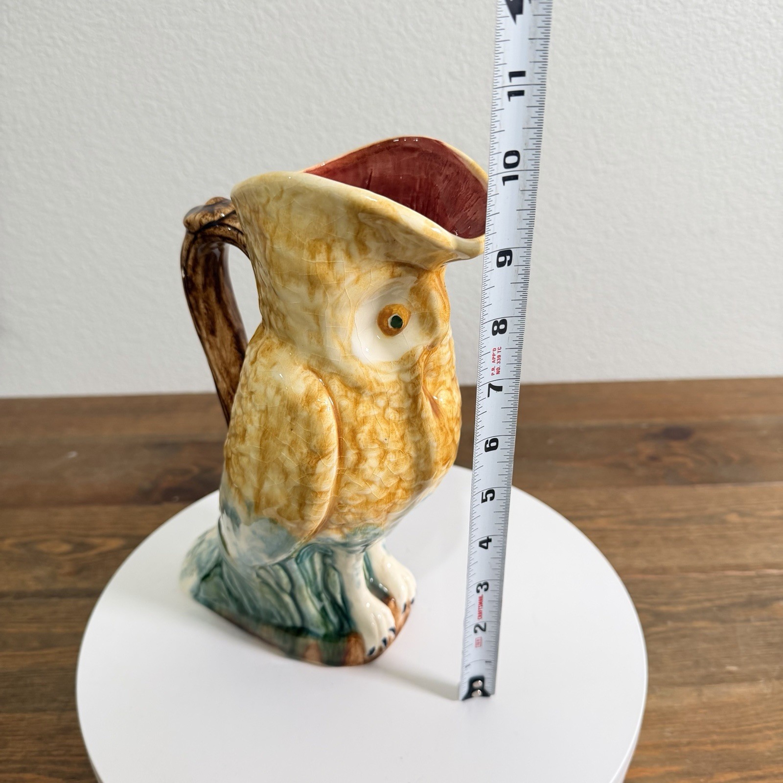 FFAS French Owl Pitcher Orange Eyes Vintage Majolica MCM Barbotine Vintage OOAK