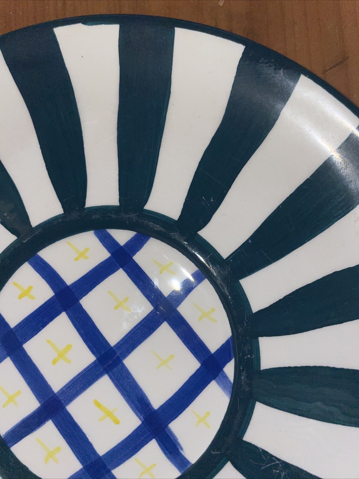 CBK Ltd LLC 1997 Striped Plate Green White Blue Yellow Geometric Hand Painted Sm