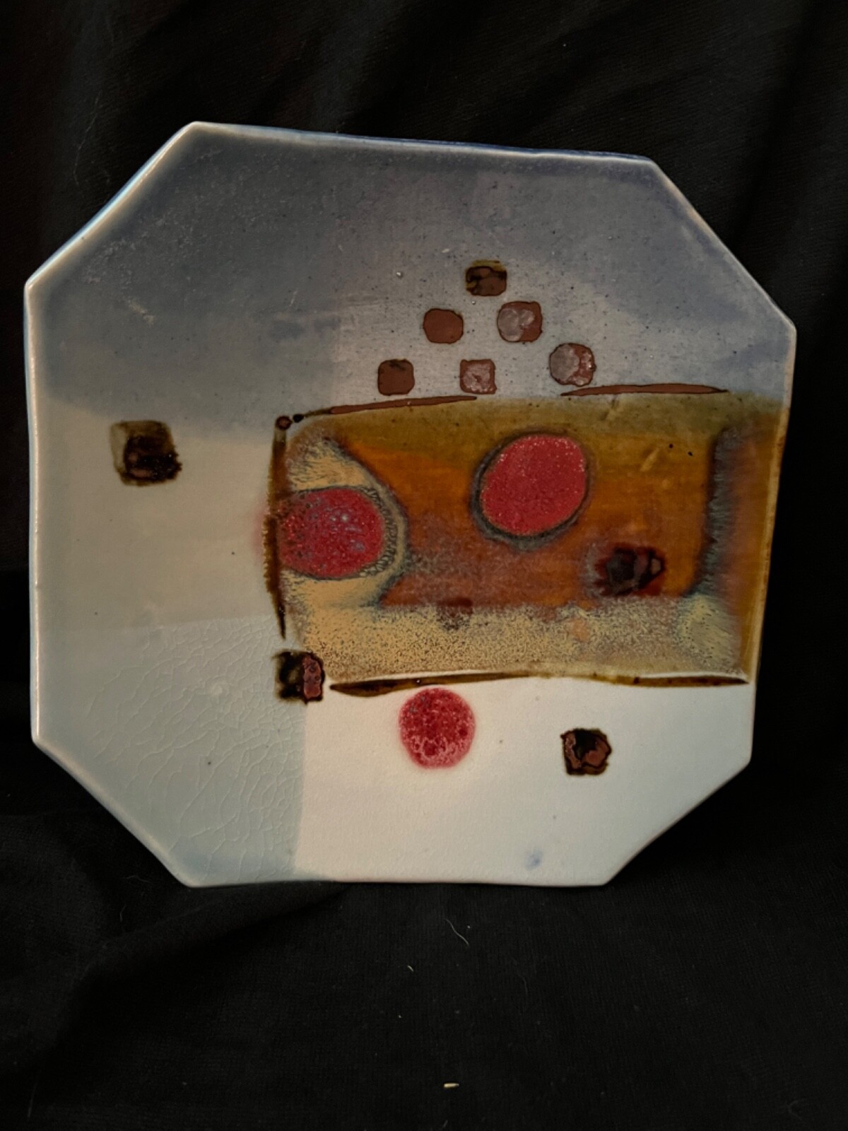 Octagonal Art Pottery Artist Signed Multi-Color Abstract with Metallics 9”x9”