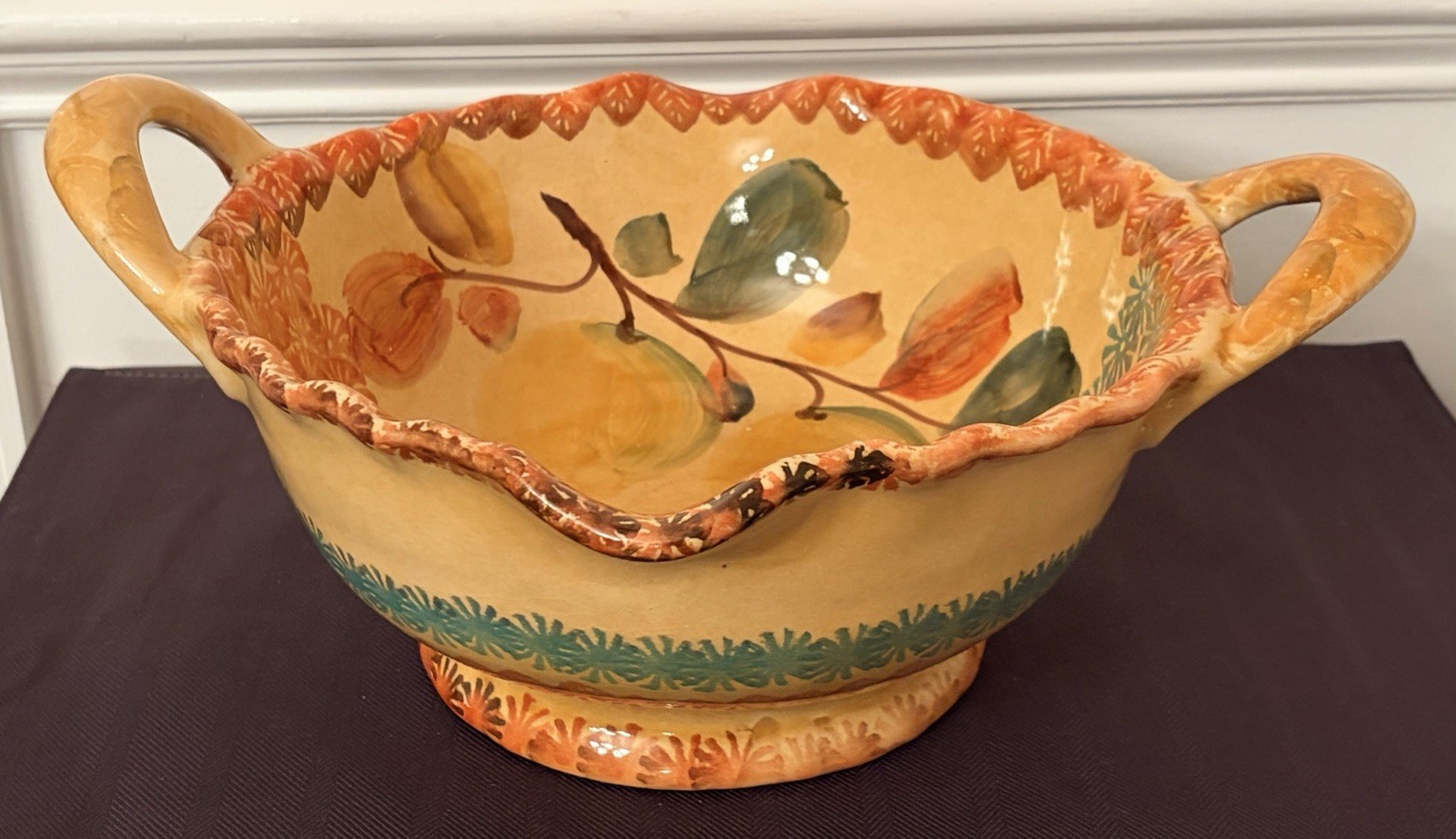 Vintage Italian Hand Painted Majolica Centerpiece Fruit Bowl Double Handle 14”