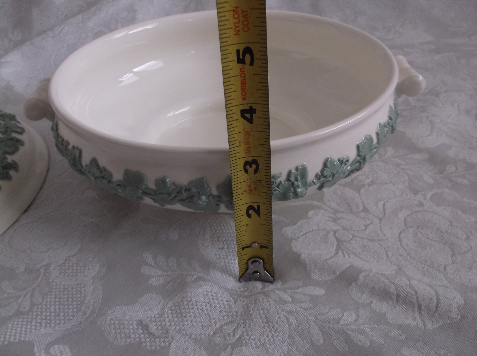 Wedgwood Embossed Queensware Celadon on Cream Covered Vegetable Bowl 8¼”