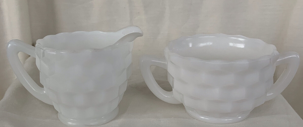 Vintage Hazel Atlas Cubed Pattern Milk Glass Open Sugar Bowl and Creamer