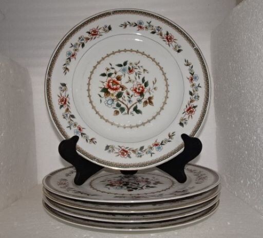 ARLEN 2828 Kwan Yin Dinner Plate Set of 5 Blue/Yellow/Rust Flowers, Gold Trim