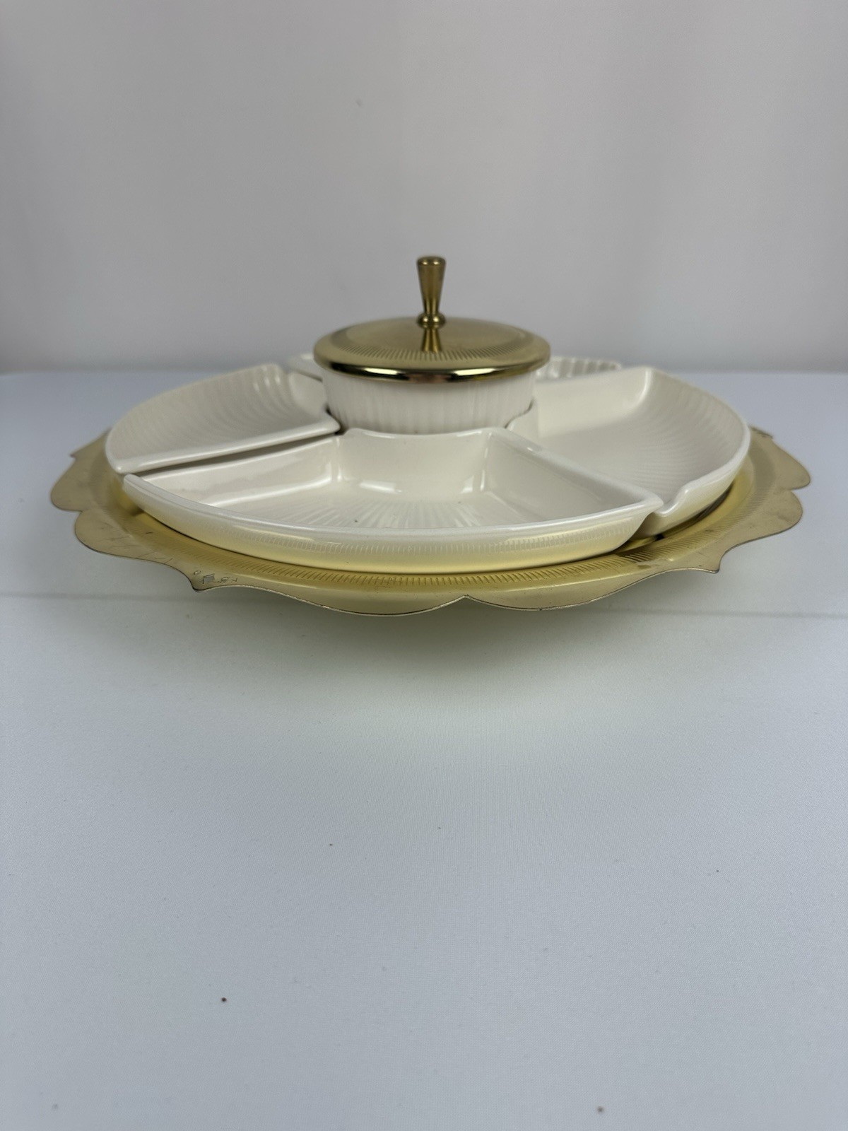 Vintage Ceramic Divided Relish Tray Gold Tone Pedestal Server w Covered Dip Bowl