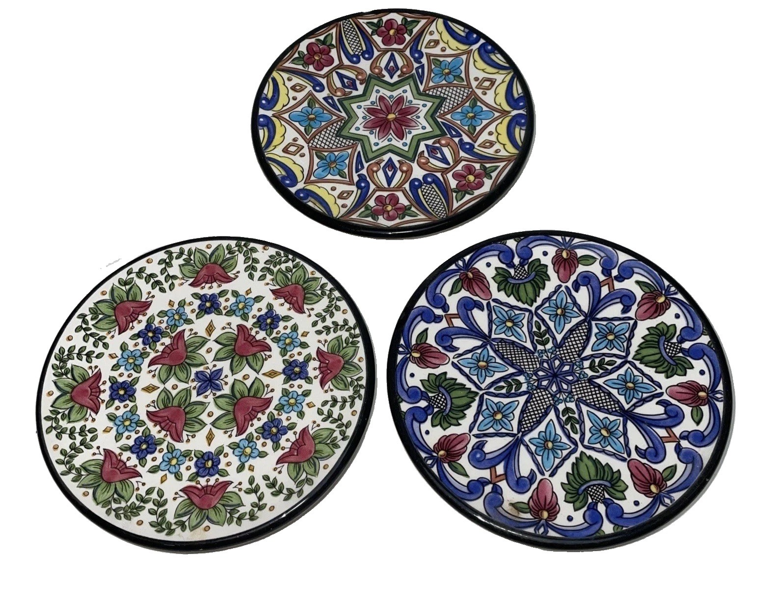 Set of 3 Vtg Ceramar Spain Small Plates Hand Painted Floral Ceramic Wall Hanging