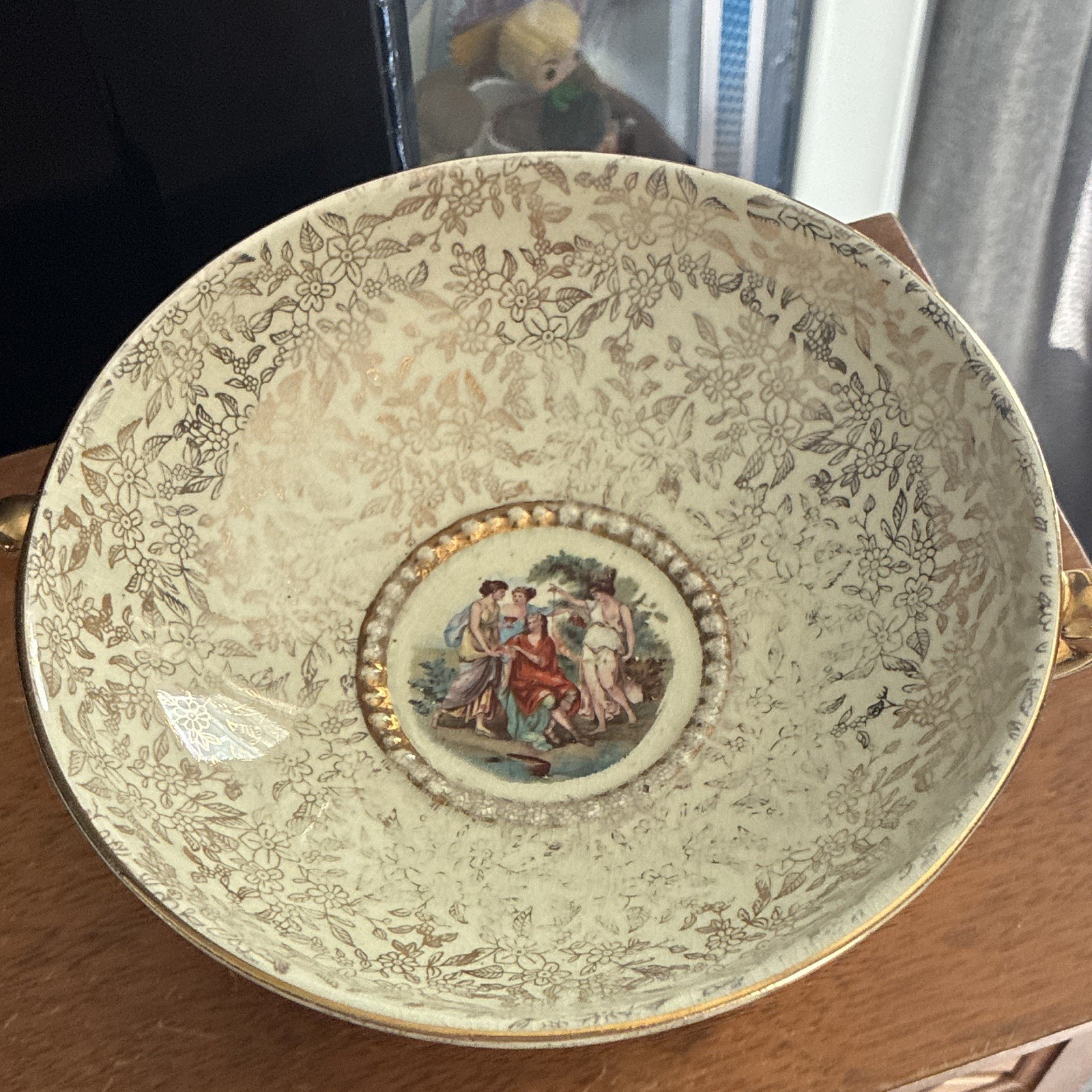 Lancaster Floral Compote & Pedestal Bowl, Gold Handles, Glossy Ceramic, England