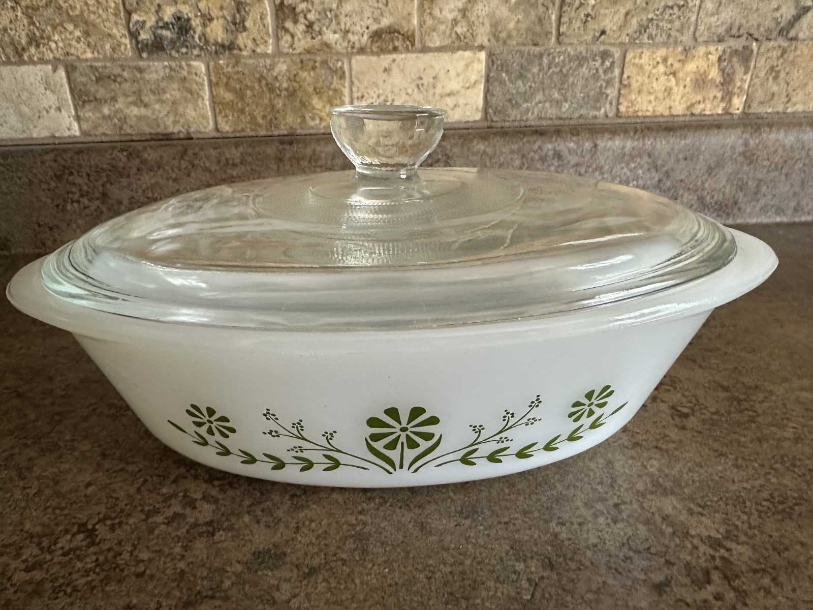 Vintage Glasbake Casserole Dish J235 ~ 1 QT Green Daisy Milk Glass Oval With Lid