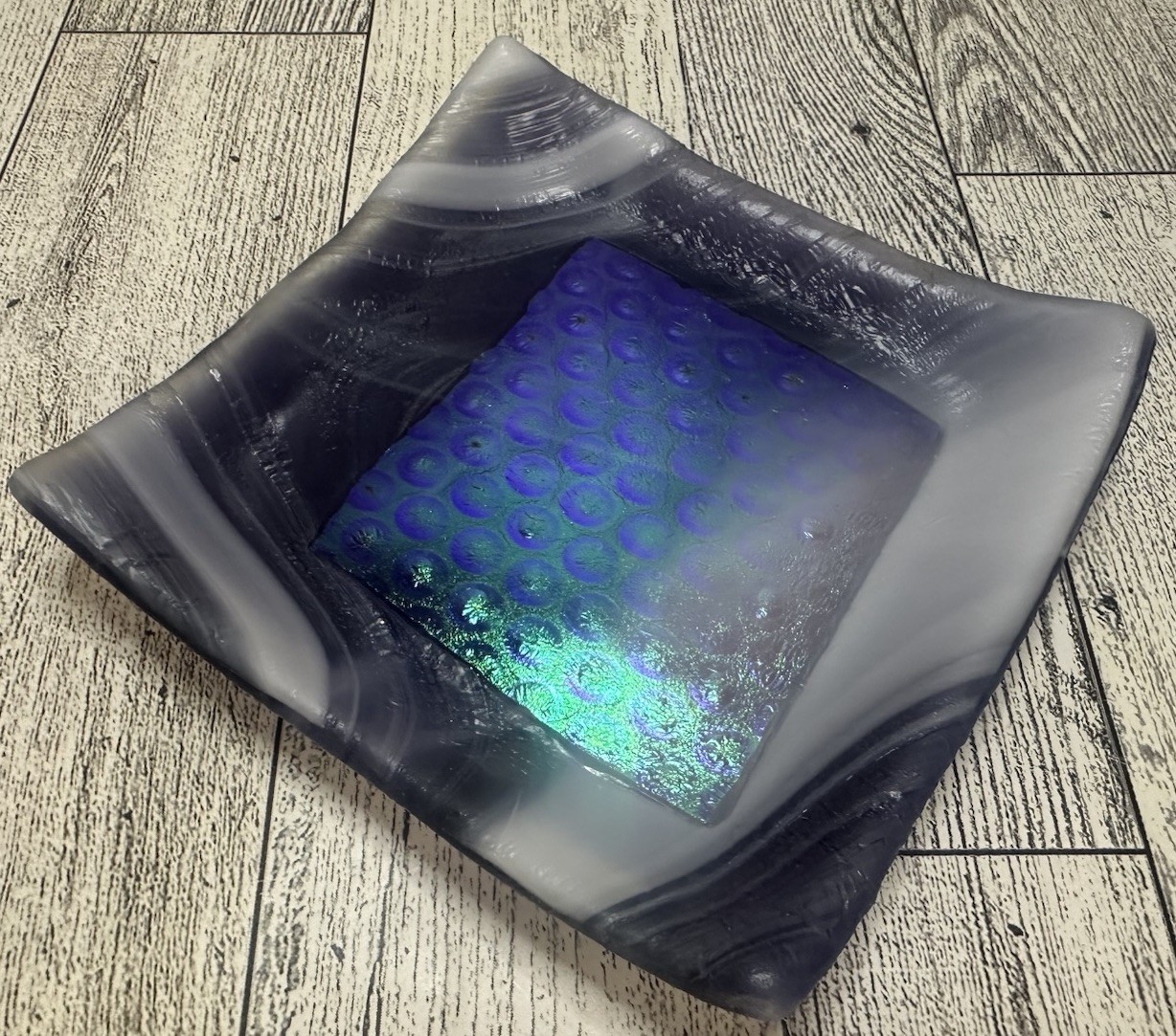 Handmade Fused Glass Art Abstract Modern Dichroic Trinket Dish Signed 4″x4″